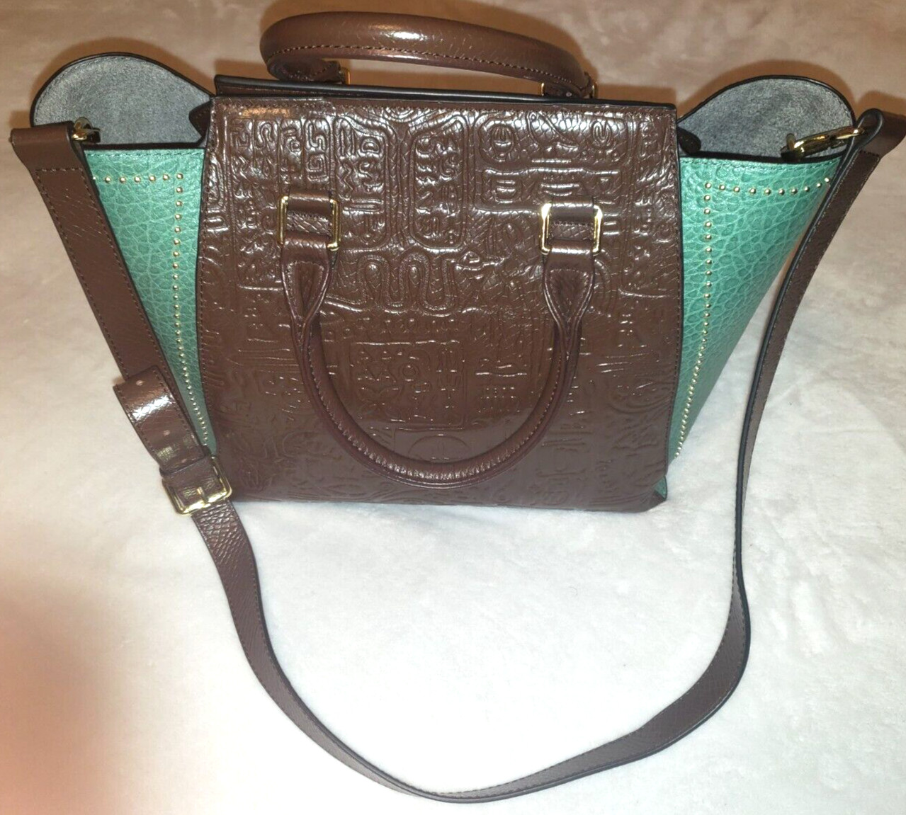 Ameri Leather Brown Light Green Large Tote Handbag - image 1