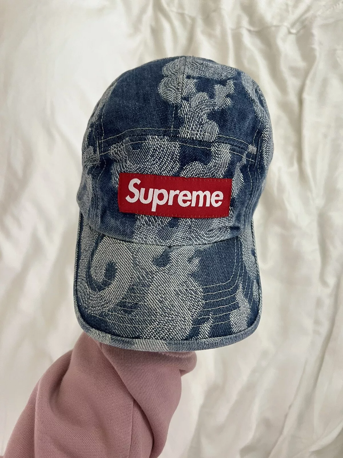 Casquette de camp en denim jacquard Supreme Flames indigo lavé