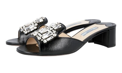 PRADA Saffiano Kristall Slides Mules Pumps Sandalen 1XX148 Schwarz -  36,5 37