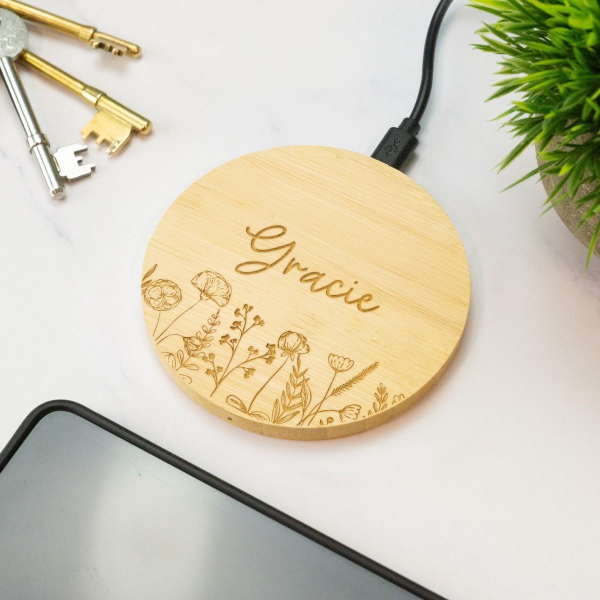 Personalised Wild Flowers Engraved Wireless Phone Charger Wooden