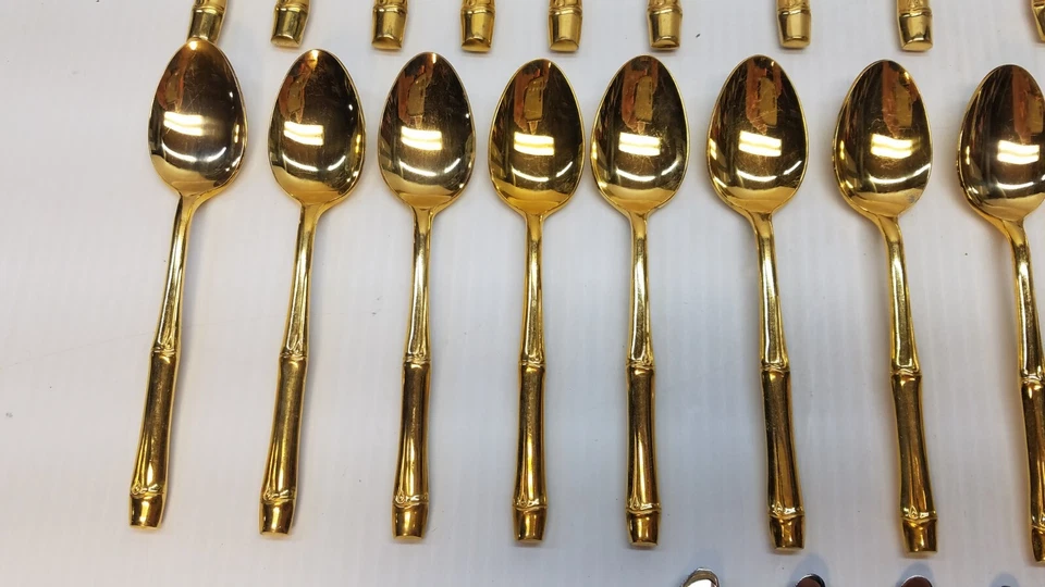 Talheres retrô 34 peças de bambu folheado a ouro Taiti by Present Japão MCM - Imagem 4 de 4