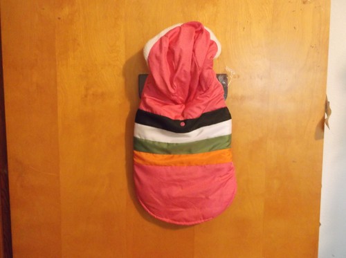 BRAND NEW "QUAKER" PINK w/ STRIPES DOGGIE COAT w/ HOODIE & HOOK & EYE CLOSURES - Picture 2 of 4