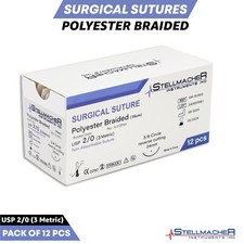 2/0 Polyester Braided Sutures Training Sterile Thread  Needles Pack of 12 Pcs