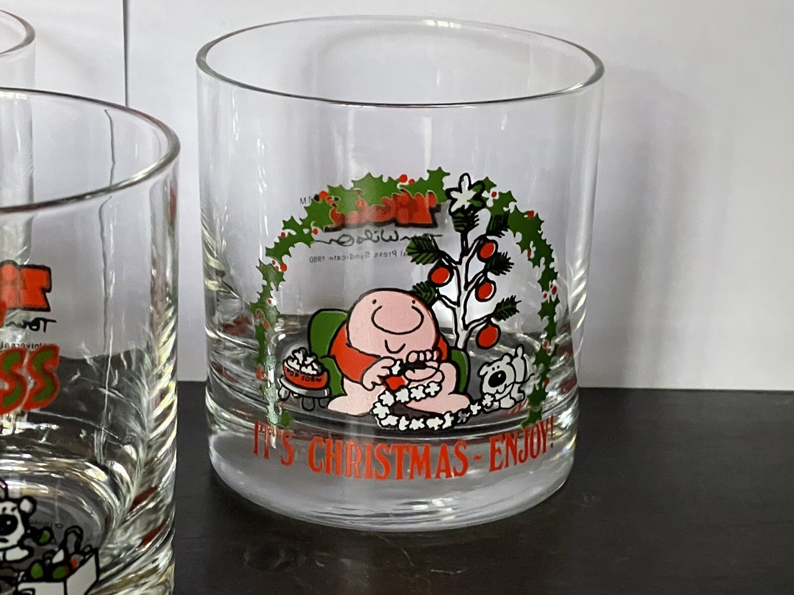 RARE 5 VINTAGE Christmas ZIGGY Antique Barware Tumbler Drinking GLASSES