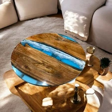 Blue Resin Epoxy Coffee Table Live Edge Acacia Wood Balcony Interior Furniture