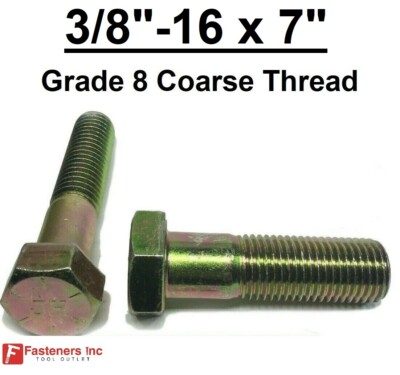 3/8-16 x 7'' (PT) Hex Bolt Yellow Zinc Plated Grade 8 Cap Screw Coarse Thread