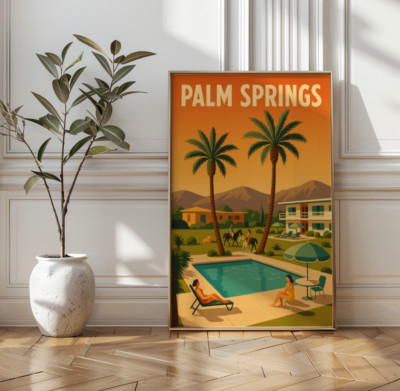 Palm Springs Travel Poster Vintage Style   1950s Mid-Century Modern Resort Wall