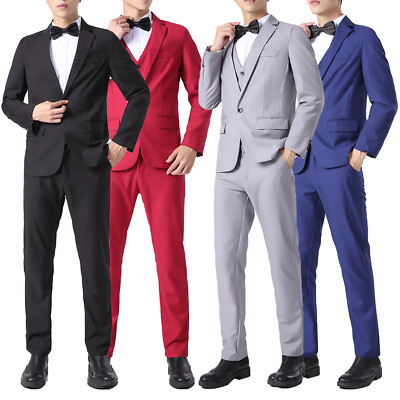 Mens Slim Fit Tuxedo Suit Notched Lapel Jacket with Pant Bow Tie