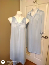 Vanity Fair 100% Nylon Nightgown (S) Robe (M) Ballet Length Peignoir Set M Blue