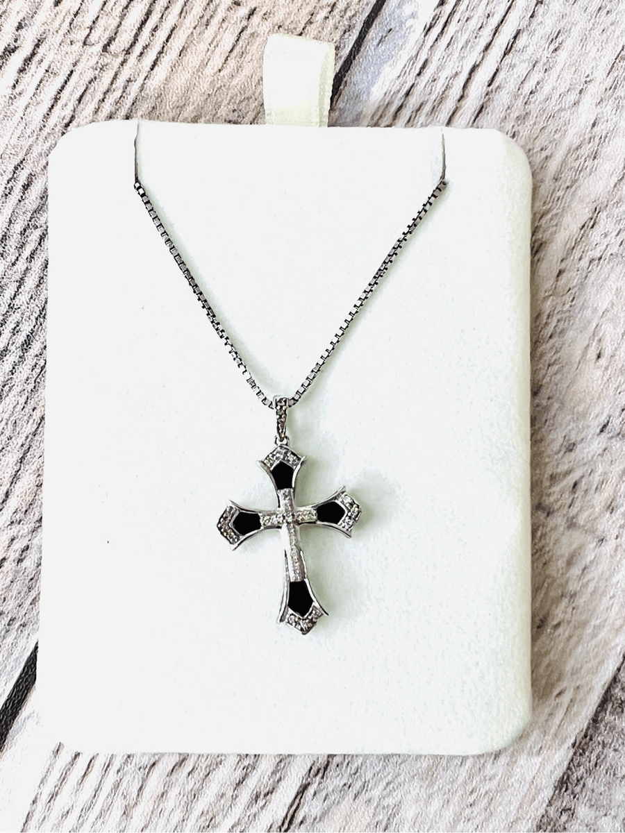 ★LECYTO★ Crystal Cross NecklaceSilver NWOT Sterling Silver Cross Black Onyx Cubic Zirconia Pendant
