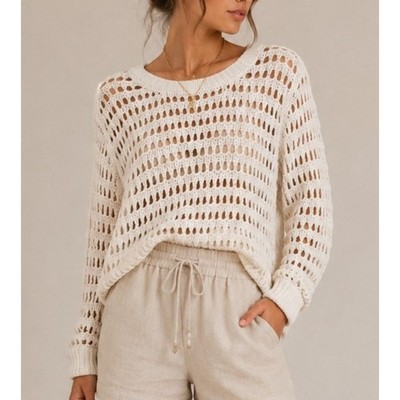 Halogen Crochet Crewneck Sweater Size Medium White Coastal Fisherman Boho Beach