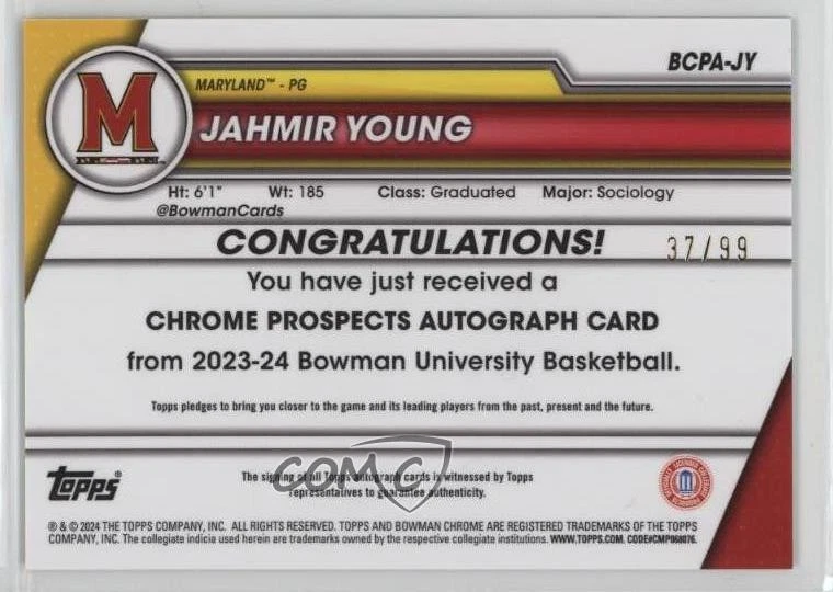 2023-24 Bowman U Chrome Prospect Green Refractor /99 Jahmir Young #BCPA-JY Auto - Image 2 of 2