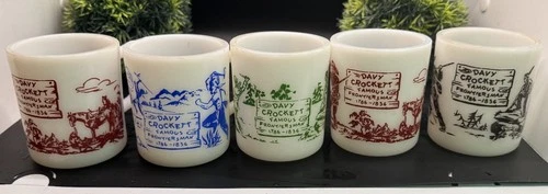 Vintage Davy Crockett Milk Glass Childs Mugs/Cups 1950's Hazel Atlas Lot Of 5