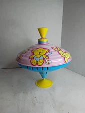 Vintage West Germany LBZ Pink Blue Spinning Top Tin Litho Toy w/ Animals