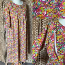 Pink Yellow Vibrant FLORAL Print NURSING Cotton MIDI Dress UK 14 L46” ARTY Zips