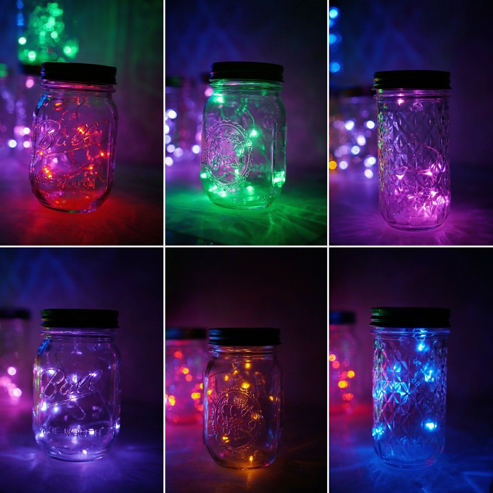 6 Pack Mason Jar Lights 20 LED Solar Multi-Colored Fairy String Lights Lids Ins