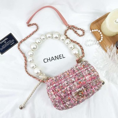 Chanel Tweed Flap Pearl Handle Small Pink Bag auth | eBay