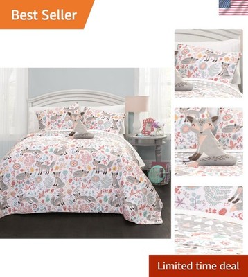 Pixie Fox Reversible Quilt Set, 3 Piece Set, Twin, Gray & Pink - Fun Lightwei...
