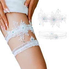 White Bride Lace Garter Set, Floral, Crystal, Stretchy, Wedding, Bridesmaid