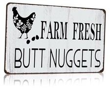 Funny Chicken Gifts Chicken Farm Fresh Butt Nuggets Tin Sign for Home Dark Grey