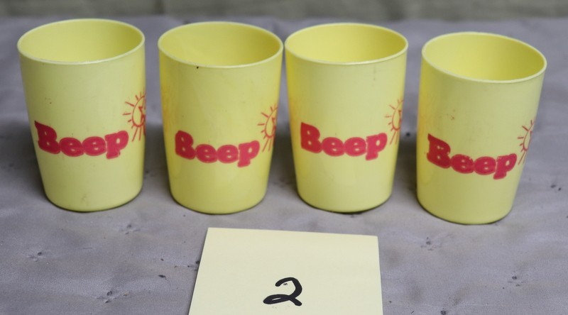 FOUR Vintage Beep For Breakfast Plastic Juice Cup Retro Bird