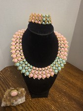 IMAN Statement Necklace Bracelet And Ring New Pink Green Adjustable 18"-21"