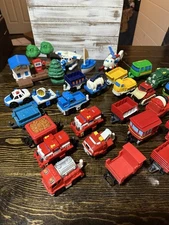 Fisher Price Plastic Train Cars Lot Of 26 Extras Gas Pump Boat Trees Helicopter