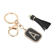 Initial Letter Keychain Cubic Crystal Keychain with Tassel Letter A Black/Gold