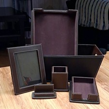 Brown Faux Leather Desk Set w/ Photo Frame, Letter Tray, File Holder, Pen Cup