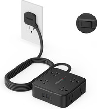 10 Ft Flat Plug Extension Cord with Multiple Outlets, Surge Protector Power Stri