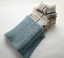 Handknit mohair throw with cotton bedding & cushions for Barbie/Sindy single bed