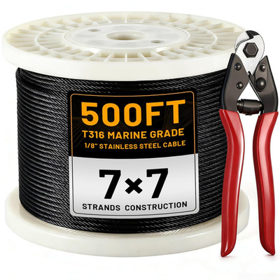500FT T316 Stainless Steel Cable for Railing, 1850Lb Strength, Black