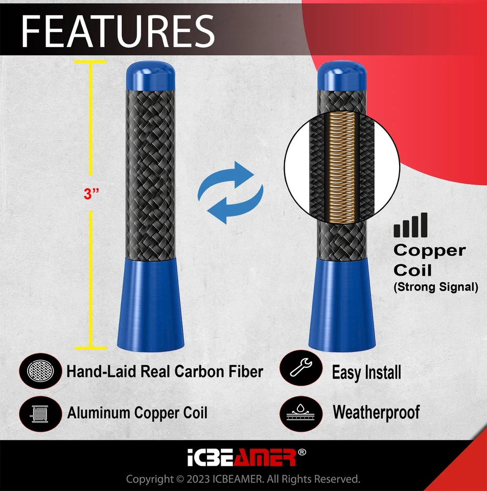 JDM 3" Stubby Fibra de Carbono Aluminio Auto Coche Corta Universal Antena Azul X770 Foto 2 de 4