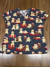White Cross Christmas Puppies 2-Pocket Medium Scrub Top