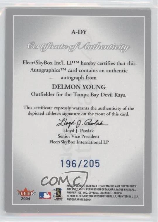2004 Skybox Autographics Auto Blue /205 Delmon Young #A-DY Auto - Image 2 of 2