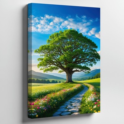 Wall Art Serene Landscape Featuring A Majestic, Sprawling Tree With A Thick