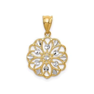 14k Gelbgold Rhodium Filigran Mandala Anhänger Floral Diamantschliff Durchbrochen Jude