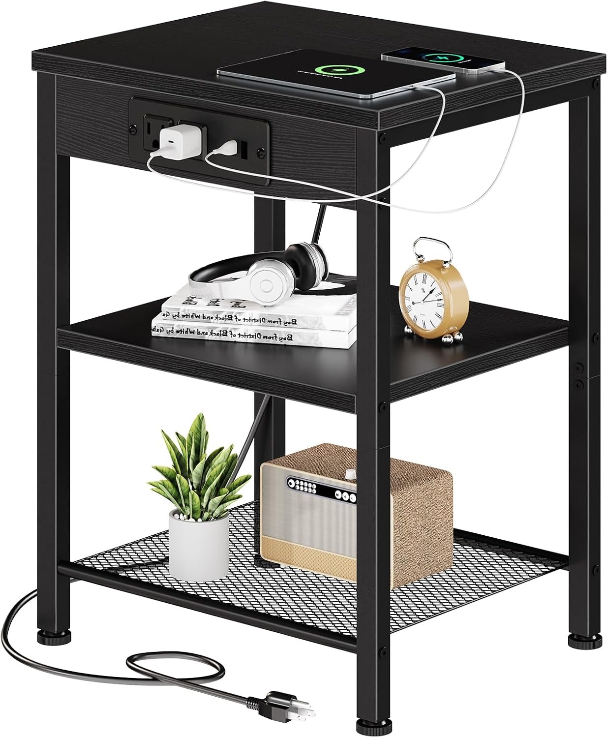 W/ Charging Station&storage Shelf,bedroom Small Side End Tab