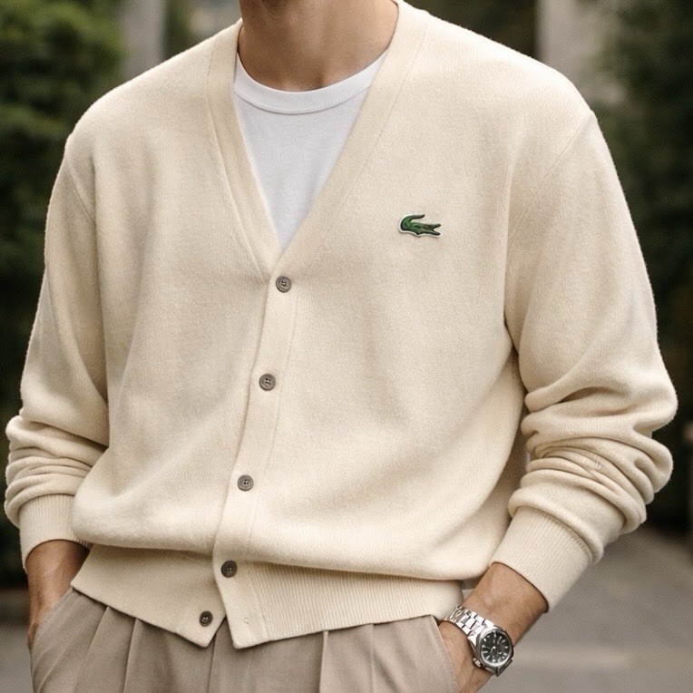 Vtg IZOD Lacoste Cardigan Sweater Mens Large Cream V-Neck Alligator USA Grandpa thumbnail 2