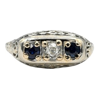 ANTIQUE ART DECO THREE STONE DIAMOND SAPPHIRE FILIGREE RING 18K WHITE GOLD SZ 7