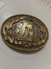 Vintage V Scrolled Large Rope 3D Belt Buckle Western Oval Cowboy Silver Gold