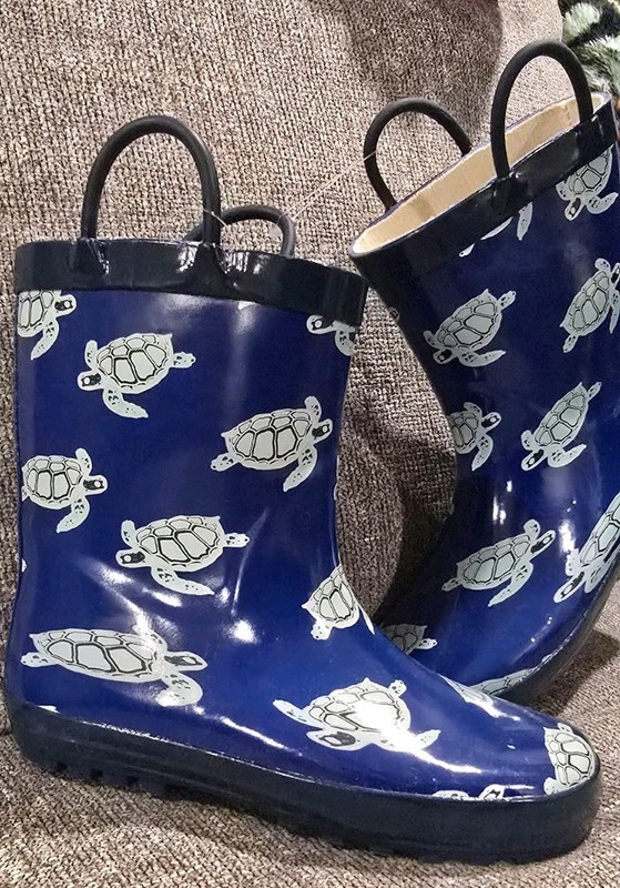 Lilly New York Rain Boots with Handle Youth Size 3 Blue with Turtles. 