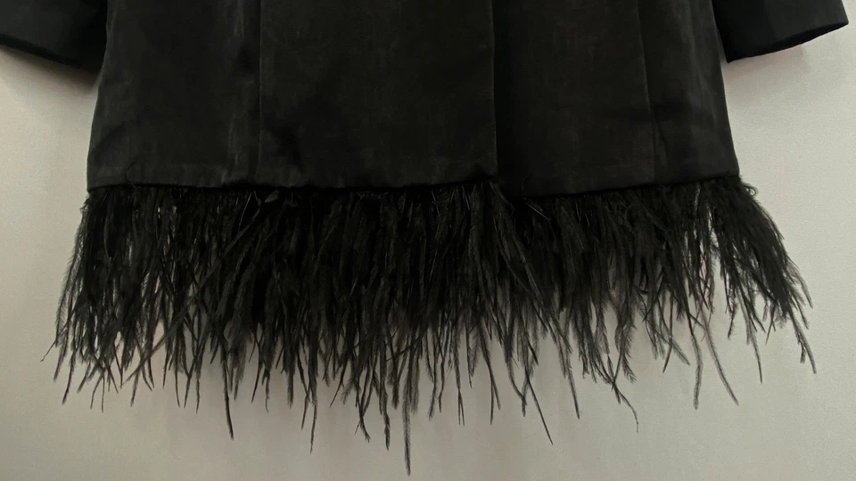 NWT black ADRIANNA PAPEL AIDEN satin tuxedo dress 8 feather fringe wrap jacket - Image 3 of 4