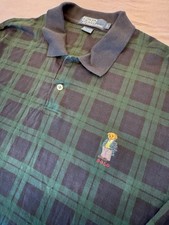 Polo Ralph Lauren Vtg Bear Men Large Green Blue Plaid Long Sleeve Polo Shirt