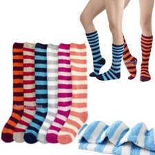 3-12 Women Striped Sleep Warm Winter Socks Fuzzy Cozy Slipper Long Fleece 9-11