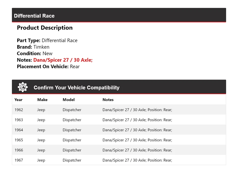 Diferencial trasero de carrera Timken 1963 1964 1965 1966 para Jeep Dispatcher 1962-1967 Foto 2 de 4