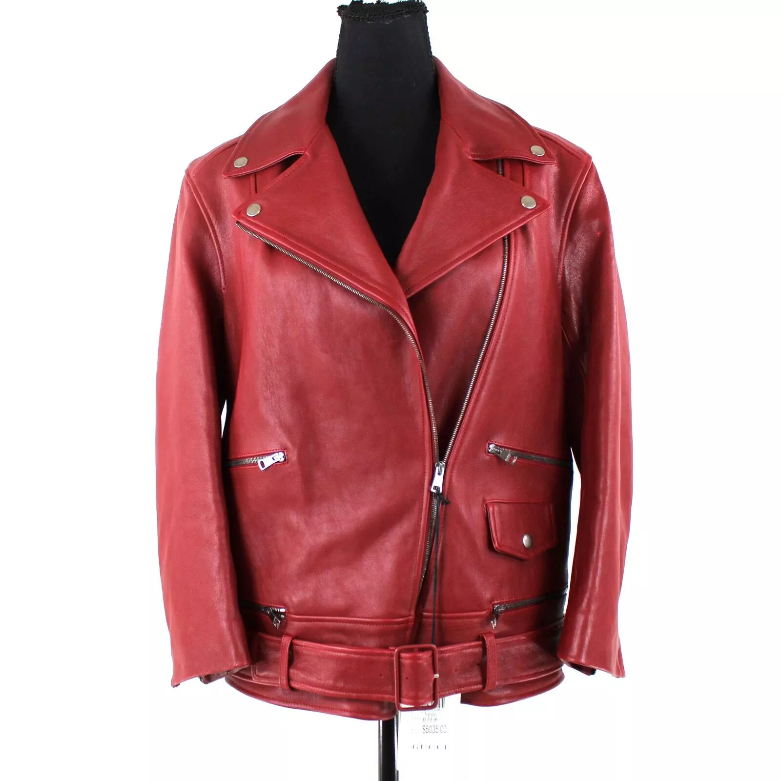 Blouson moto lourd GUCCI cuir agneau rouge ceinturé argent fermeture éclair intégrale 40 NEUF S