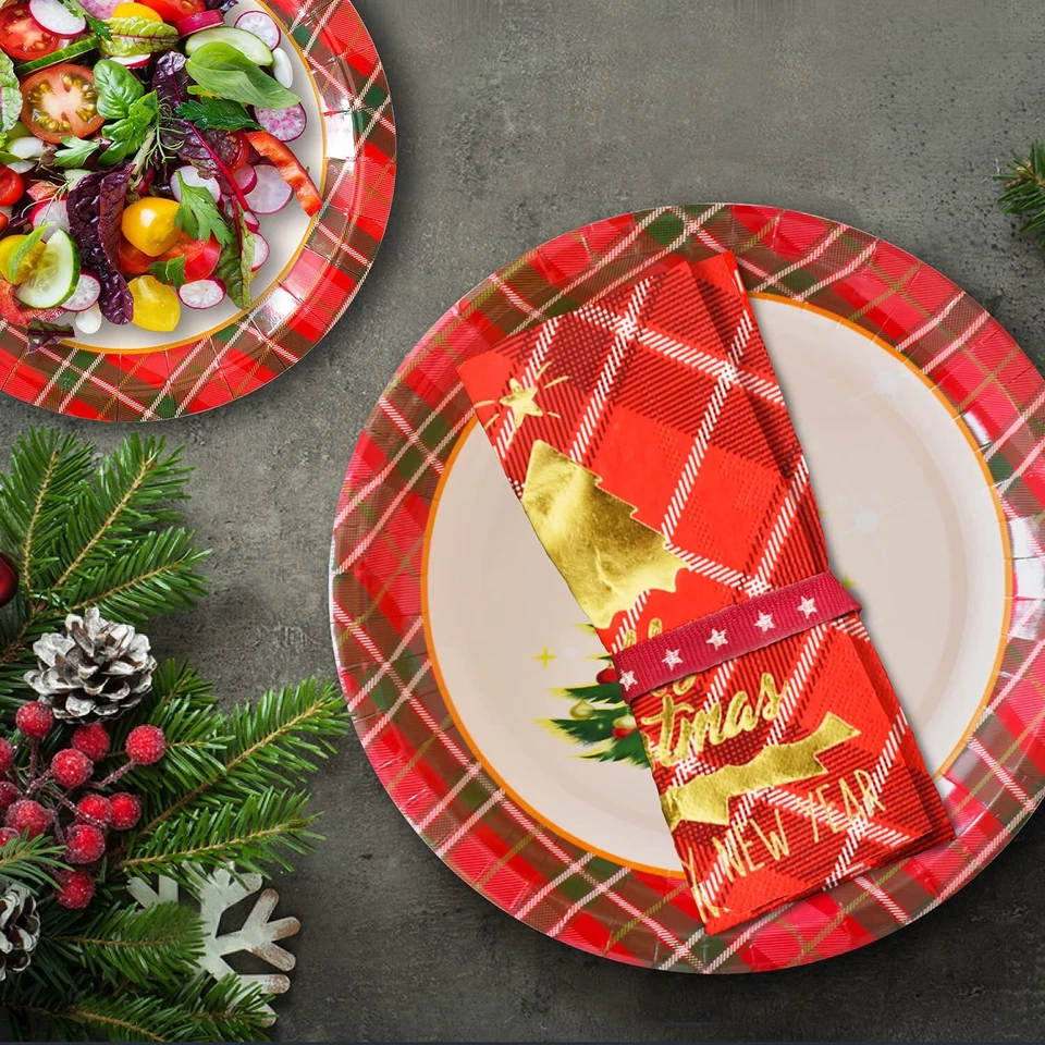Platos de cena de papel desechables a cuadros rojos árbol de Navidad suministros para fiestas de Navidad Foto 4 de 4