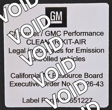 Gm Chevrolet Performance Ca 50 State Legal Executive Order D-126-43 Carb Sticker