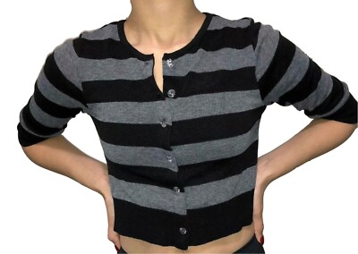 Black Grey Striped Crop Cardigan Sweater Button Up Mid-Sleeve